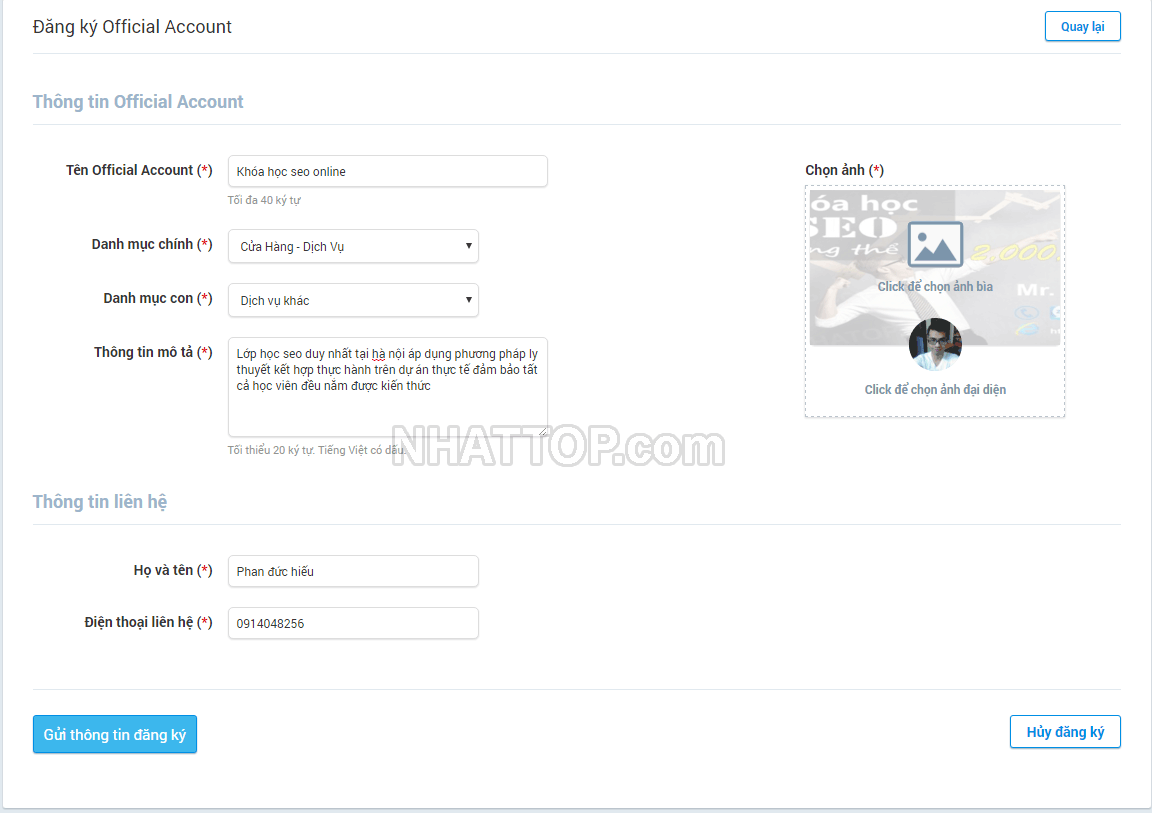 Nhập mẫu thông tin đăng ký zalo page