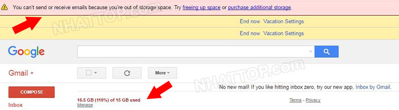 Thông báo không gửi hay nhận được thư của gmail